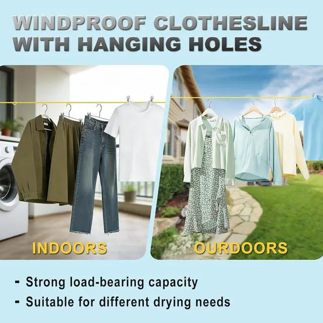 Alt view image 4 of 7 - Portable Travel Clothesline, Windproof Clothes Laundry Line with Clothespins & Hang Holes, Indoor & Outdoor Clothes Drying Rope for Hotel, Backyard,Cruise Ships, Camping (Yellow, 12.5 Ft)