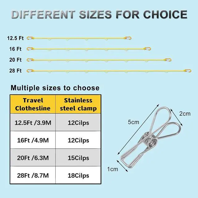 Alt view image 5 of 7 - Portable Travel Clothesline, Windproof Clothes Laundry Line with Clothespins & Hang Holes, Indoor & Outdoor Clothes Drying Rope for Hotel, Backyard,Cruise Ships, Camping (Yellow, 12.5 Ft)