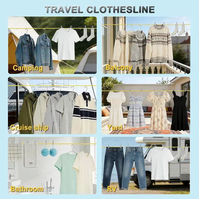 Alt view image 7 of 7 - Portable Travel Clothesline, Windproof Clothes Laundry Line with Clothespins & Hang Holes, Indoor & Outdoor Clothes Drying Rope for Hotel, Backyard,Cruise Ships, Camping (Yellow, 12.5 Ft)
