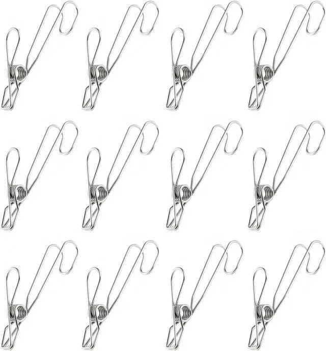 Main image of 12 Pack Long Tail Clip with Hooks Clothes Pin, Cord Clothes Pins Hanging Peg Clips Utility Clips for Laundry Outdoor Clothesline Kitchen Camping