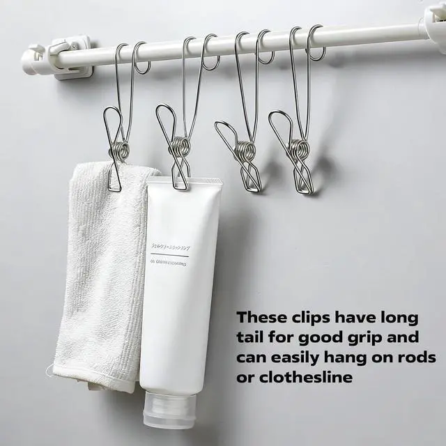 Alt view image 3 of 6 - 12 Pack Long Tail Clip with Hooks Clothes Pin, Cord Clothes Pins Hanging Peg Clips Utility Clips for Laundry Outdoor Clothesline Kitchen Camping