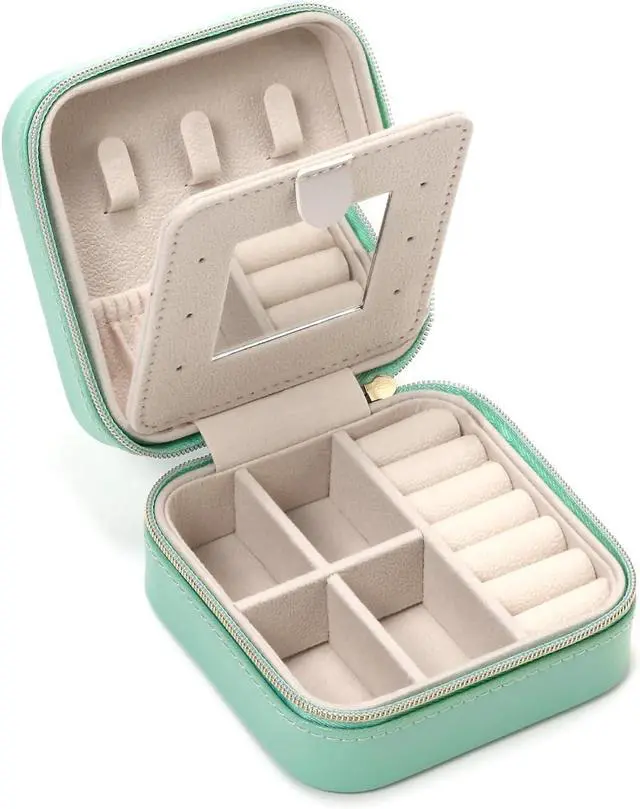 Main image of TRODANCE Jewelry Case with Mirror, Small Travel Jewelry Organizer, Portable Mini Storage Box for Rings, Earrings, Necklaces, Gift for Mother Mom, Girl, Daughter, Sisters, Bridesmaids (Blue)