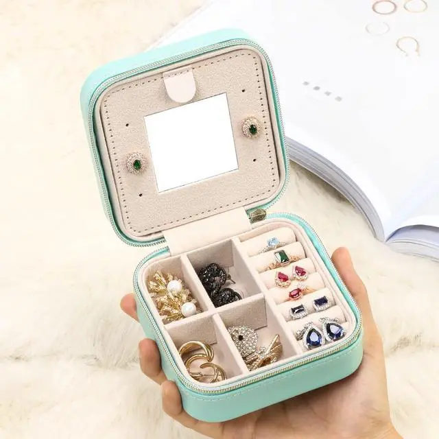 Alt view image 2 of 7 - TRODANCE Jewelry Case with Mirror, Small Travel Jewelry Organizer, Portable Mini Storage Box for Rings, Earrings, Necklaces, Gift for Mother Mom, Girl, Daughter, Sisters, Bridesmaids (Blue)