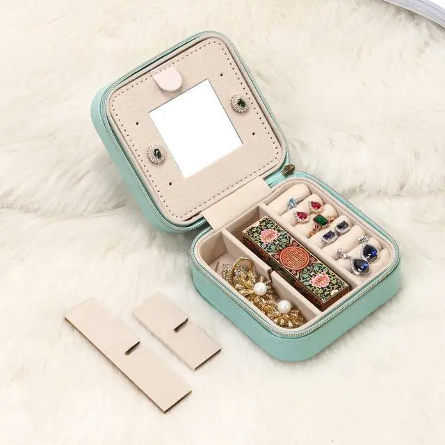 Alt view image 3 of 7 - TRODANCE Jewelry Case with Mirror, Small Travel Jewelry Organizer, Portable Mini Storage Box for Rings, Earrings, Necklaces, Gift for Mother Mom, Girl, Daughter, Sisters, Bridesmaids (Blue)