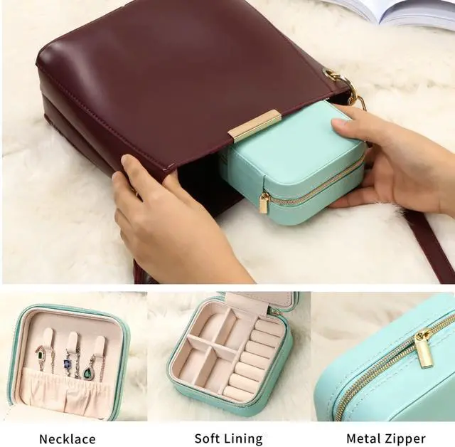 Alt view image 4 of 7 - TRODANCE Jewelry Case with Mirror, Small Travel Jewelry Organizer, Portable Mini Storage Box for Rings, Earrings, Necklaces, Gift for Mother Mom, Girl, Daughter, Sisters, Bridesmaids (Blue)