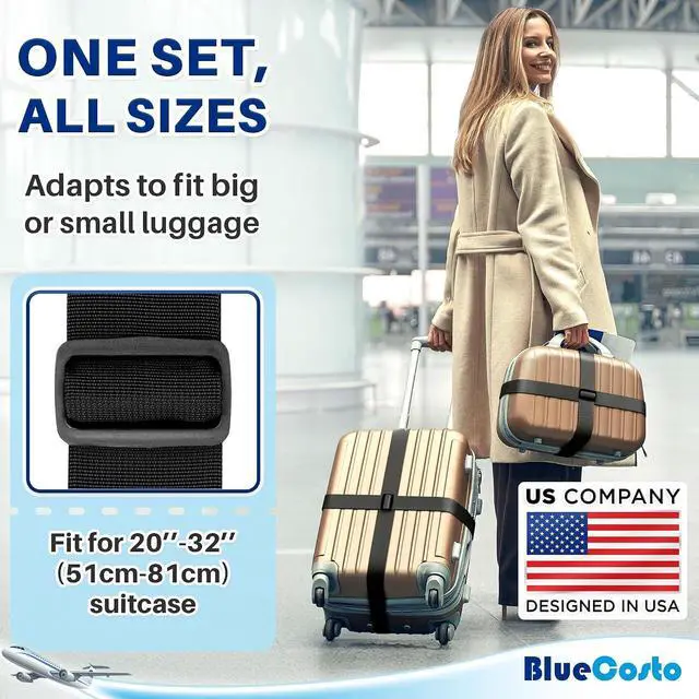 Alt view image 3 of 7 - Luggage Straps for Suitcases - TSA Approved - Black, 4 PK - Premium Nylon Belts for Suitcase, Briefcase & Travel Bag - Adjustable Strap Length 46" - 78"