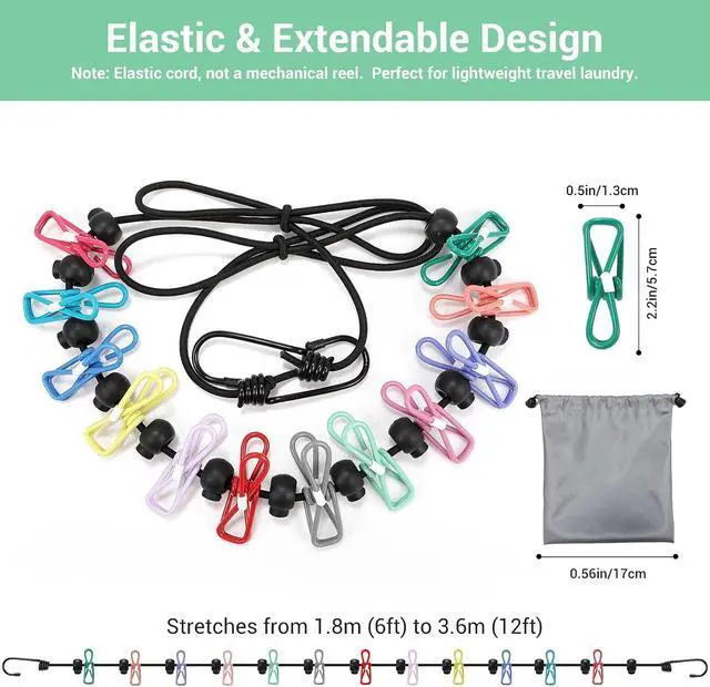 Alt view image 2 of 7 - Retractable Portable Travel Clothesline with 12 Clips | Indoor Outdoor, Clothes Drying Rack, For Hotel, Cruise, Camping Accessories