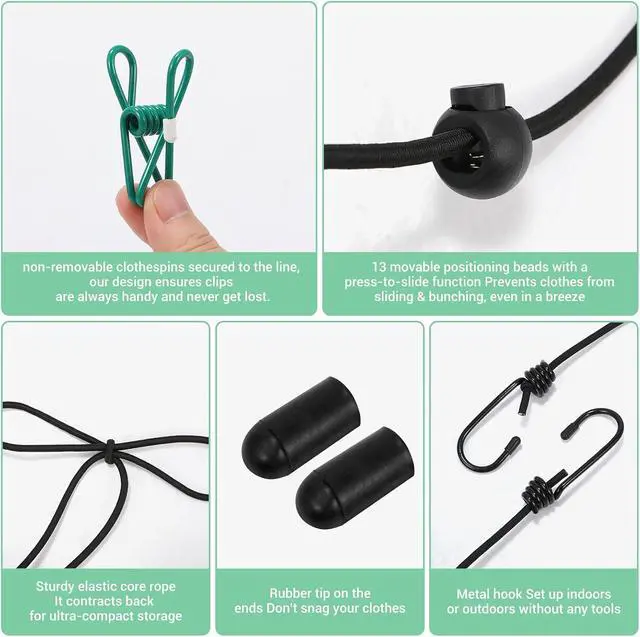 Alt view image 3 of 7 - Retractable Portable Travel Clothesline with 12 Clips | Indoor Outdoor, Clothes Drying Rack, For Hotel, Cruise, Camping Accessories