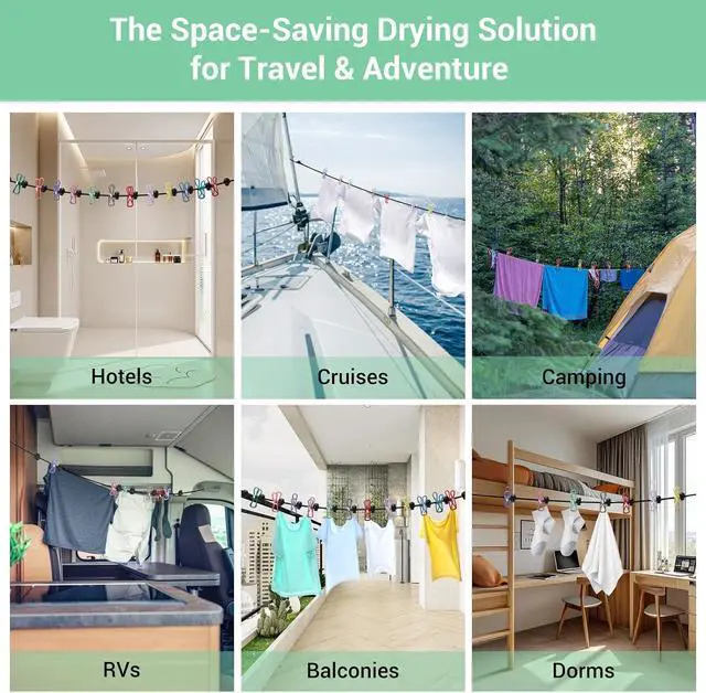 Alt view image 5 of 7 - Retractable Portable Travel Clothesline with 12 Clips | Indoor Outdoor, Clothes Drying Rack, For Hotel, Cruise, Camping Accessories