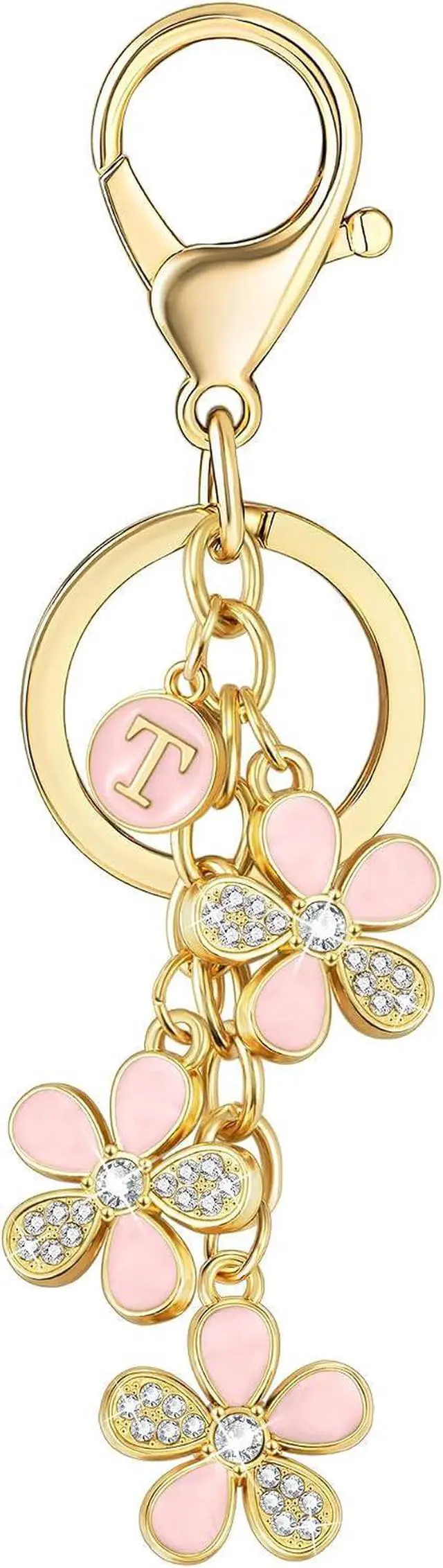 Main image of XGALBLA Cute Flower Crystals Rhinestone Initial Letter Keychain for Women, Bag Charms Bling Sparkly Enameled Keychain Handbag