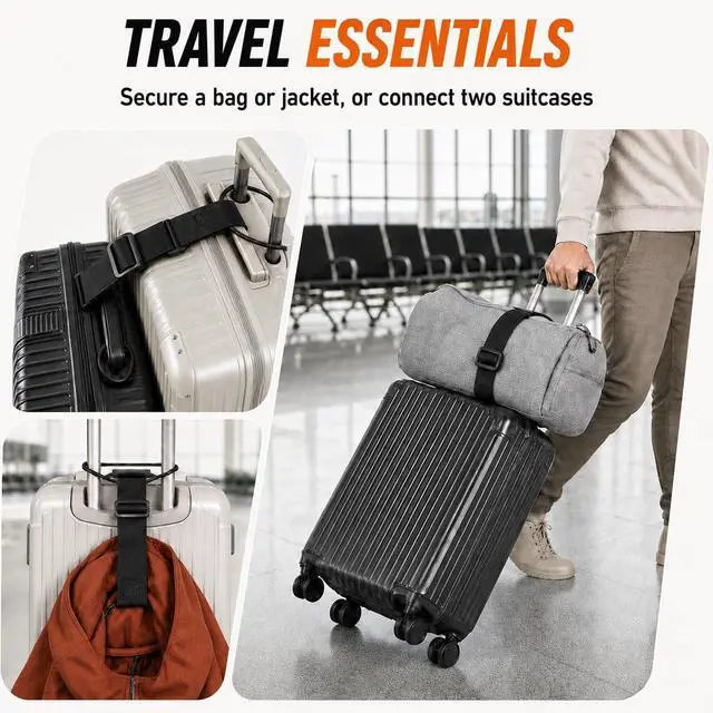 Alt view image 3 of 7 - Luggage Straps for Suitcases, 2 Pack Black Adjustable Elastic Double-Loop Luggage Connector Straps, Thick, Durable, Waterproof Multi-Use Straps for Totes, Backpacks and Duffel Bags.