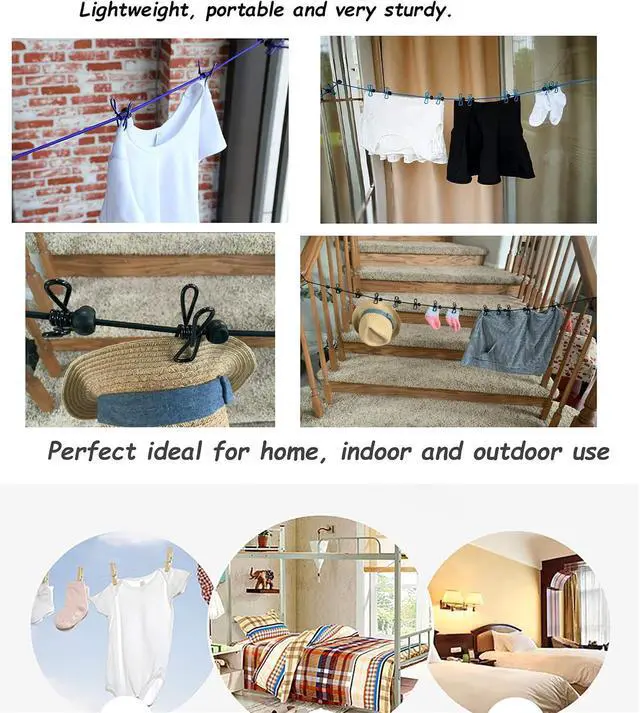Alt view image 4 of 6 - 11 Feet Black Windproof Clothesline with 12 Black Clips, Adjustable Clothes Line for Home, Travel and Outdoor Hanging Clothes(Black)