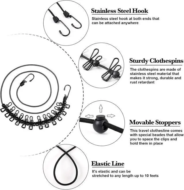 Alt view image 2 of 6 - HAWATOUR Retractable Travel Clothesline with 12 Pcs Clothespins, Black | Camping Essentials, Outdoor Camping Accessories, Travel and RV Essentials
