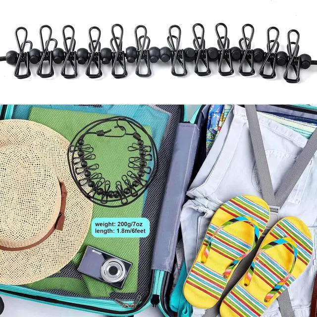 Alt view image 4 of 6 - HAWATOUR Retractable Travel Clothesline with 12 Pcs Clothespins, Black | Camping Essentials, Outdoor Camping Accessories, Travel and RV Essentials