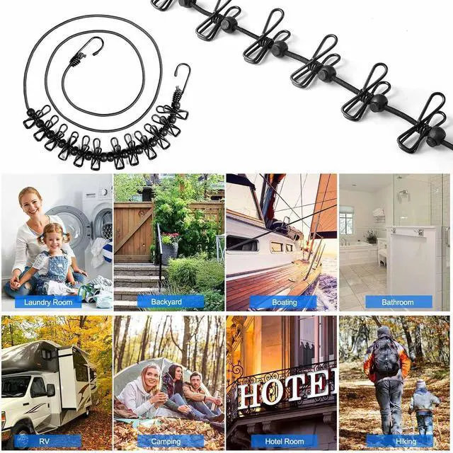 Alt view image 5 of 6 - HAWATOUR Retractable Travel Clothesline with 12 Pcs Clothespins, Black | Camping Essentials, Outdoor Camping Accessories, Travel and RV Essentials