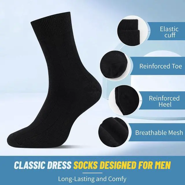 Alt view image 3 of 7 - Mens Ribbed Crew Dress Socks Anti Odor Socks Size 8-13 | Breathable,Combed Cotton,Moisture-wicking,Ribbed Elastic Cuff,Soft,Comfy,Ideal for Wedding Business & Casual