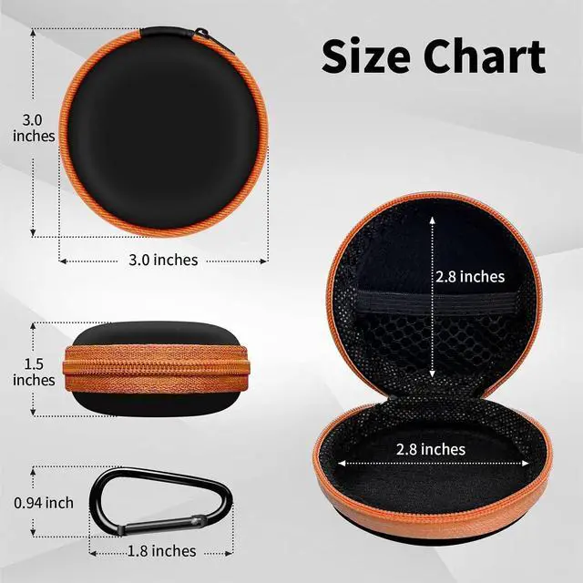 Alt view image 2 of 7 - 1 Pack Round Earbud Case Storage Bag with Carabiner, Orange | Travel kit, EVA earbud case, For Wired/Wireless Earphones, chargers, Tech pouch