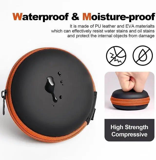 Alt view image 4 of 7 - 1 Pack Round Earbud Case Storage Bag with Carabiner, Orange | Travel kit, EVA earbud case, For Wired/Wireless Earphones, chargers, Tech pouch