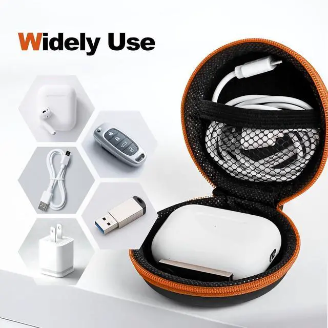 Alt view image 6 of 7 - 1 Pack Round Earbud Case Storage Bag with Carabiner, Orange | Travel kit, EVA earbud case, For Wired/Wireless Earphones, chargers, Tech pouch