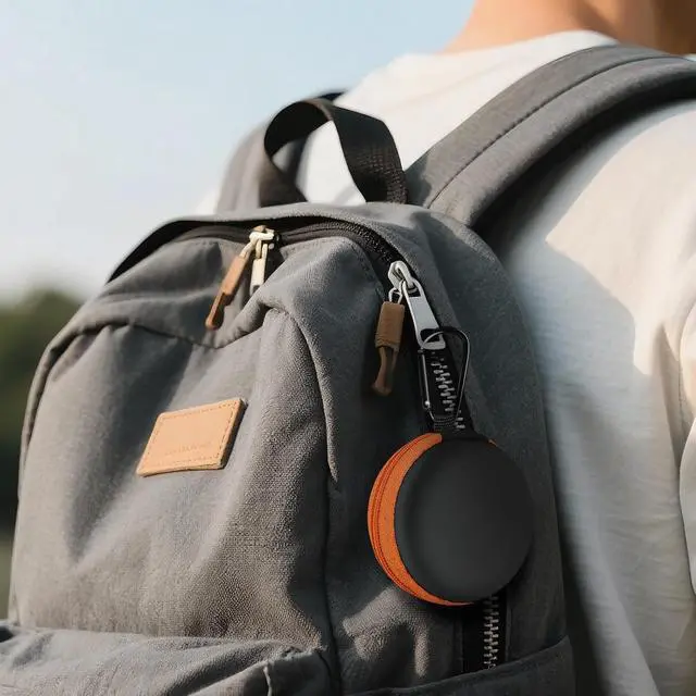 Alt view image 7 of 7 - 1 Pack Round Earbud Case Storage Bag with Carabiner, Orange | Travel kit, EVA earbud case, For Wired/Wireless Earphones, chargers, Tech pouch