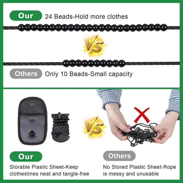 Alt view image 2 of 7 - EXVITAL Portable Travel Clothesline Lightweight Camping Clothes Line | 24 Beads for Indoor Hotels Backyard, Outdoor Cruise Ships, RVs, Tents, 11.5 Feet