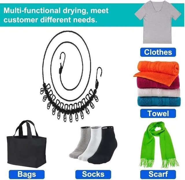 Alt view image 2 of 7 - 2 Pack Portable Clothesline with 12 Clothespins, Windproof Travel Stretchy Retractable Elastic Laundry Clothes Line for Backyard, Vacation Hotel, Balcony Drying