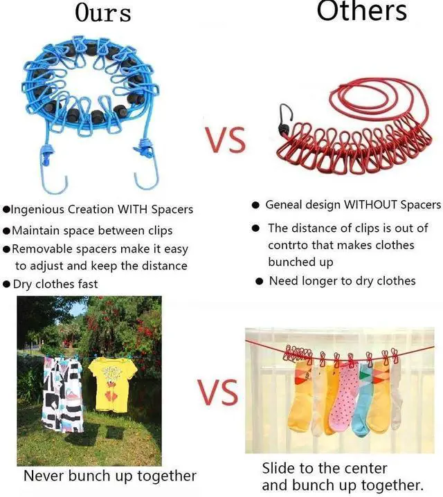 Alt view image 5 of 7 - 2 Pack Portable Clothesline with 12 Clothespins, Windproof Travel Stretchy Retractable Elastic Laundry Clothes Line for Backyard, Vacation Hotel, Balcony Drying