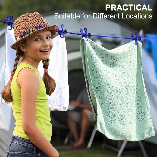Alt view image 4 of 7 - 2 Pack Portable Clothesline with 12 Clothespins, Windproof Travel Stretchy Retractable Elastic Laundry Clothes Line for Backyard, Vacation Hotel, Balcony Drying