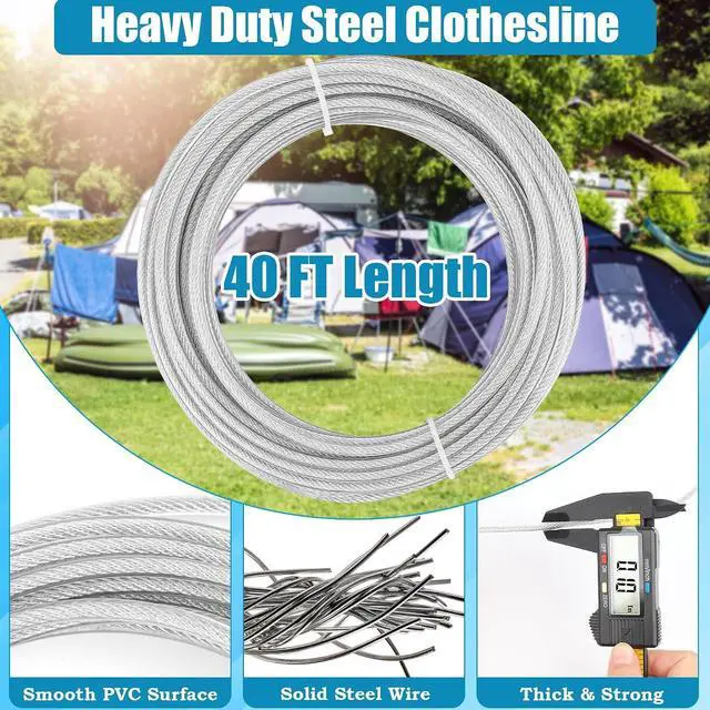 Alt view image 3 of 7 - 20FT/ 40FT Retractable Travel Clothesline, Adjustable Outdoor Clothesline Drying Clothes Line Laundry for Travel Camping, with Ratchet Pulley/ 2 Screws/ 2 Buckles (Black+Silver, 472, Inches)
