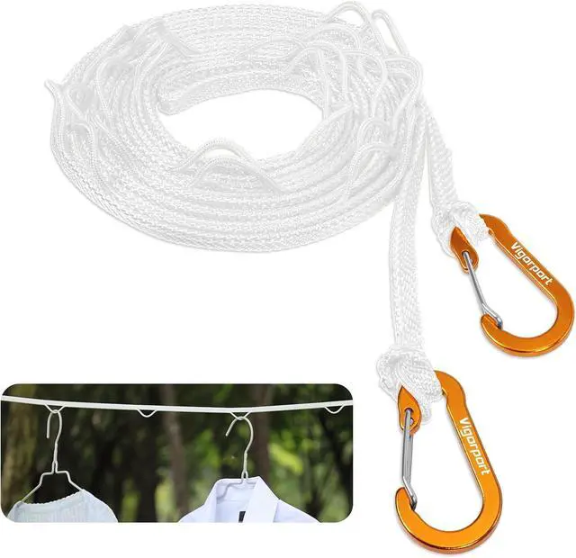 Main image of Vigorport Portable Travel Clothesline, Windproof Clothesline with Hang Hole, Indoor and Outdoor Clothes Line for Camping, Hotel, Backyard, Cruise Ship (White, 12.5 Ft)