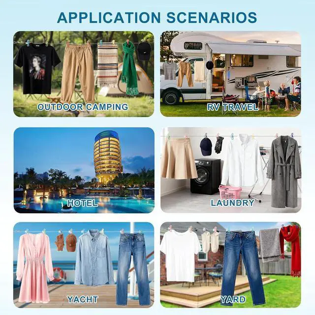 Alt view image 7 of 7 - Retractable Portable Clothesline for Travel, Heavy Duty Stainless Steel Wire Laundry Line, Anti-Sag Indoor Outdoor Clothes Line for Hotel, Cruise Ship, RV, Camping (Colorful, 10 Ft)