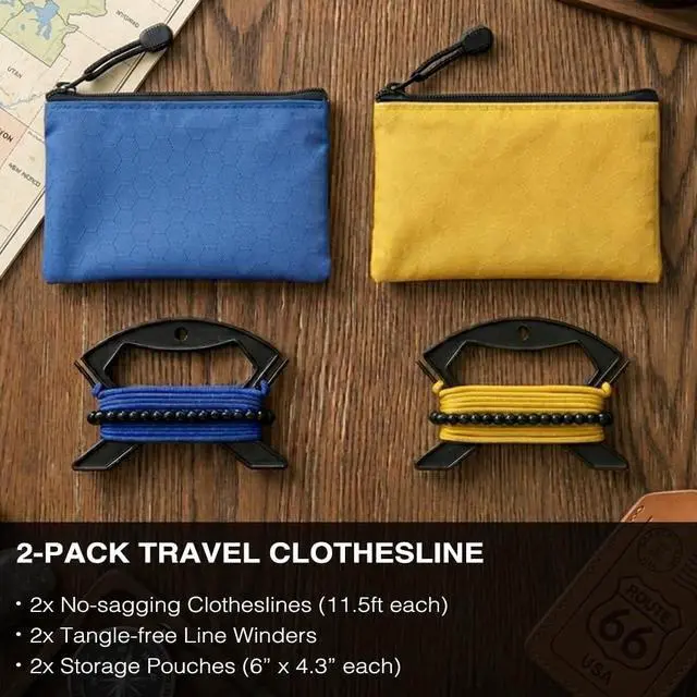 Alt view image 2 of 7 - 2 Pack Travel Clothesline, No Clothespins Needed, 48 Beads, Winders & Bags | 2 x 11.5 ft reflective non-elastic laundry lines with winders & zipper bags, ideal for cruise, hotel, camping, RV & indoor