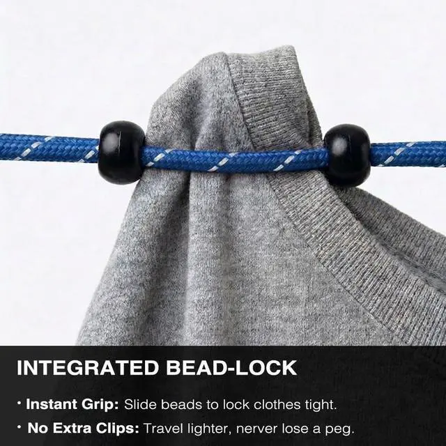 Alt view image 3 of 7 - 2 Pack Travel Clothesline, No Clothespins Needed, 48 Beads, Winders & Bags | 2 x 11.5 ft reflective non-elastic laundry lines with winders & zipper bags, ideal for cruise, hotel, camping, RV & indoor