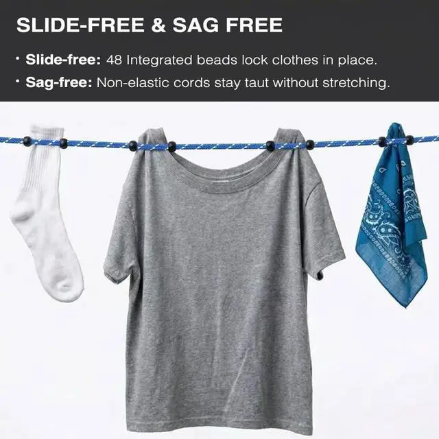 Alt view image 4 of 7 - 2 Pack Travel Clothesline, No Clothespins Needed, 48 Beads, Winders & Bags | 2 x 11.5 ft reflective non-elastic laundry lines with winders & zipper bags, ideal for cruise, hotel, camping, RV & indoor