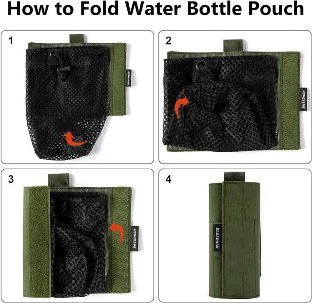 Alt view image 7 of 7 - BASSDASH Tactical Molle Water Bottle Pouch with Carabiner Foldable Mesh Holder Bag for Travel Fishing Hunting Hiking Outdoor Activities