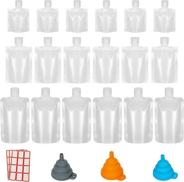 Main image of 18 Pieces 3 Sizes 30ml/50ml/100ml Travel Size Refillable Empty Squeeze Pouch, Stand Up Pouch for Toiletry, Lotion Shampoo Shower Gel Squeezable Bags, Leakproof Cosmetic Containers