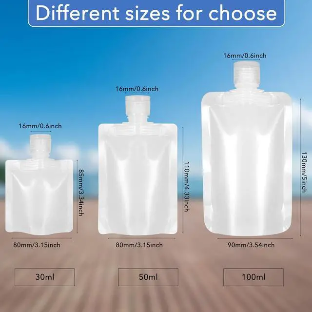 Alt view image 2 of 6 - 18 Pieces 3 Sizes 30ml/50ml/100ml Travel Size Refillable Empty Squeeze Pouch, Stand Up Pouch for Toiletry, Lotion Shampoo Shower Gel Squeezable Bags, Leakproof Cosmetic Containers
