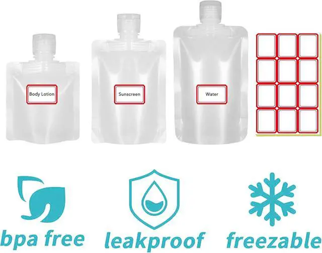 Alt view image 4 of 6 - 18 Pieces 3 Sizes 30ml/50ml/100ml Travel Size Refillable Empty Squeeze Pouch, Stand Up Pouch for Toiletry, Lotion Shampoo Shower Gel Squeezable Bags, Leakproof Cosmetic Containers