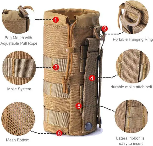 Alt view image 4 of 6 - Upgraded Sports Water Bottles Pouch Bag, Tactical Drawstring Molle Water Bottle Holder Tactical Pouches, Travel Mesh Water Bottle Bag Tactical Hydration Carrier