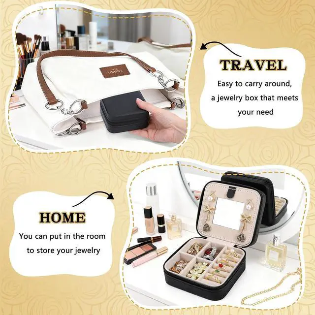 Alt view image 3 of 7 - Travel Jewelry Case Organizer, Mini Portable Box Compact for Women Girls | Tangle-Free & Multi-Functional for rings earrings necklaces,Removable dividers for lipstick watch,Compact design Pu Leather