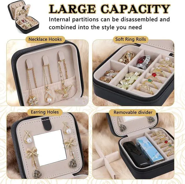 Alt view image 4 of 7 - Travel Jewelry Case Organizer, Mini Portable Box Compact for Women Girls | Tangle-Free & Multi-Functional for rings earrings necklaces,Removable dividers for lipstick watch,Compact design Pu Leather