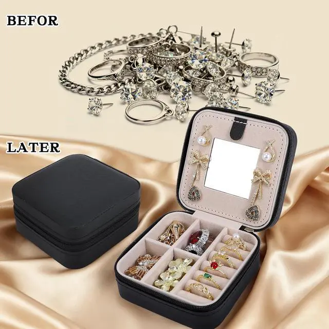 Alt view image 5 of 7 - Travel Jewelry Case Organizer, Mini Portable Box Compact for Women Girls | Tangle-Free & Multi-Functional for rings earrings necklaces,Removable dividers for lipstick watch,Compact design Pu Leather