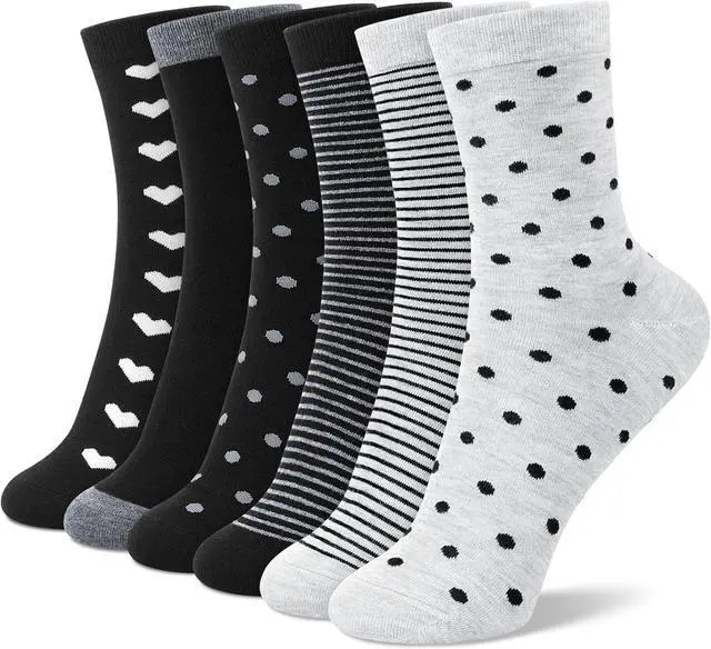 Main image of 6 Pairs Crew Socks for Women, Soft Cute Funny Cotton Socks | Gentle Blend Fabric, Elastic Cuff, Tough Stuff, Tight Weave, Modern Novelty, Playful Striped, Dot Motifs, Casual Daliy Wear