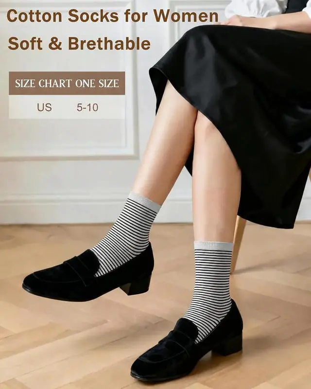 Alt view image 5 of 6 - 6 Pairs Crew Socks for Women, Soft Cute Funny Cotton Socks | Gentle Blend Fabric, Elastic Cuff, Tough Stuff, Tight Weave, Modern Novelty, Playful Striped, Dot Motifs, Casual Daliy Wear