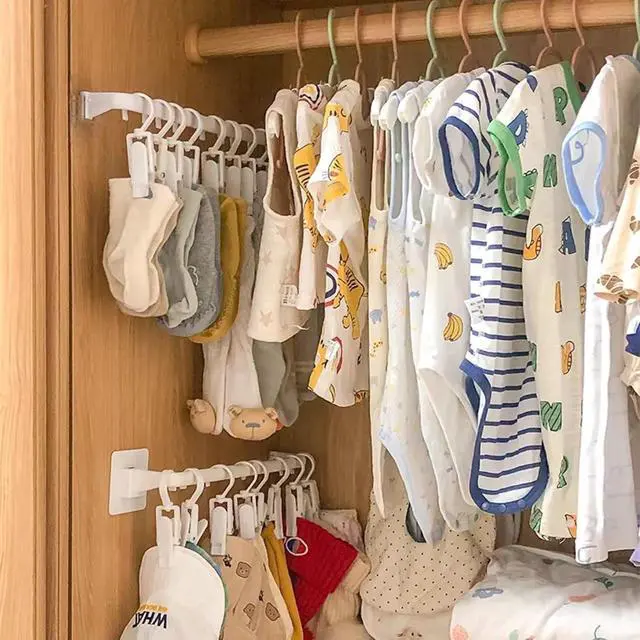 Alt view image 3 of 7 - Kid Pants Hanger Organizer with 10 Clips - White & Plastic | Baseball Cap Display Holder, Closet Rail Wall Mounted Door Rack for Drying Baby Socks, Towel, Hats, Toddler Leggings