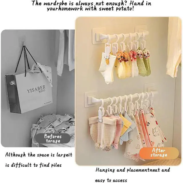 Alt view image 6 of 7 - Kid Pants Hanger Organizer with 10 Clips - White & Plastic | Baseball Cap Display Holder, Closet Rail Wall Mounted Door Rack for Drying Baby Socks, Towel, Hats, Toddler Leggings