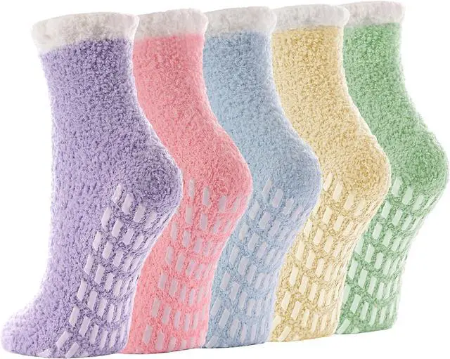 Main image of 5 Pairs Fuzzy Socks with Grips for Women, Non Slip Cozy Fluffy Soft Socks, Winter Sleep Slipper Hospital