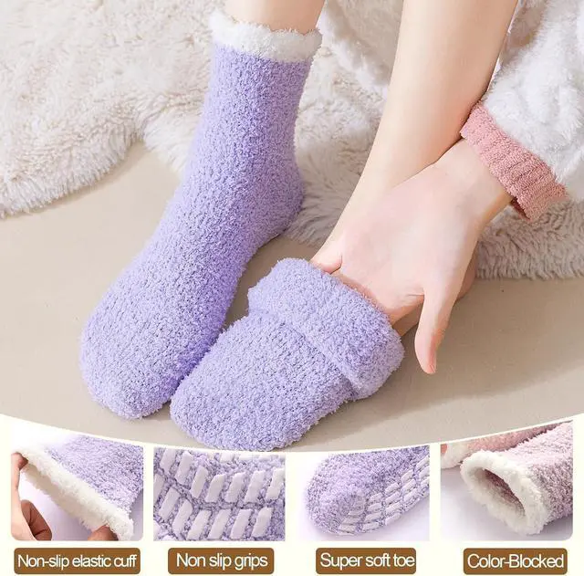 Alt view image 3 of 6 - 5 Pairs Fuzzy Socks with Grips for Women, Non Slip Cozy Fluffy Soft Socks, Winter Sleep Slipper Hospital