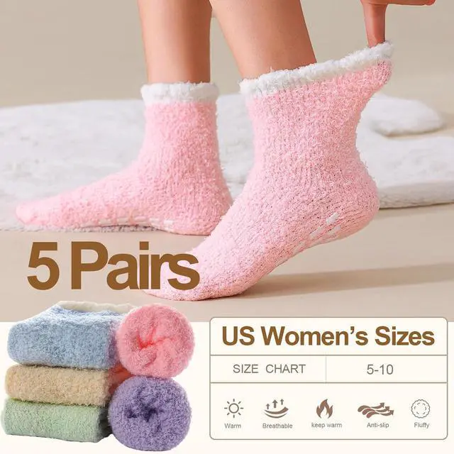 Alt view image 6 of 6 - 5 Pairs Fuzzy Socks with Grips for Women, Non Slip Cozy Fluffy Soft Socks, Winter Sleep Slipper Hospital