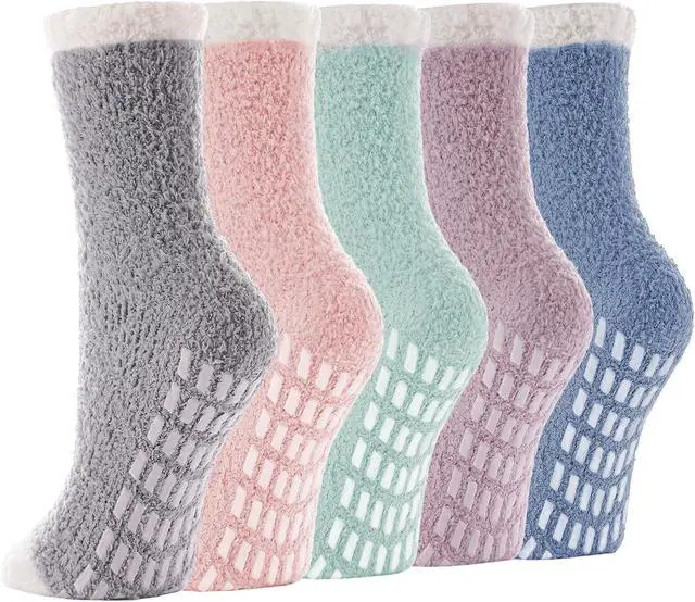 Main image of 5 Pairs Fuzzy Socks with Grips for Women, Non Slip Cozy Fluffy Soft Socks, Winter Sleep Slipper Hospital
